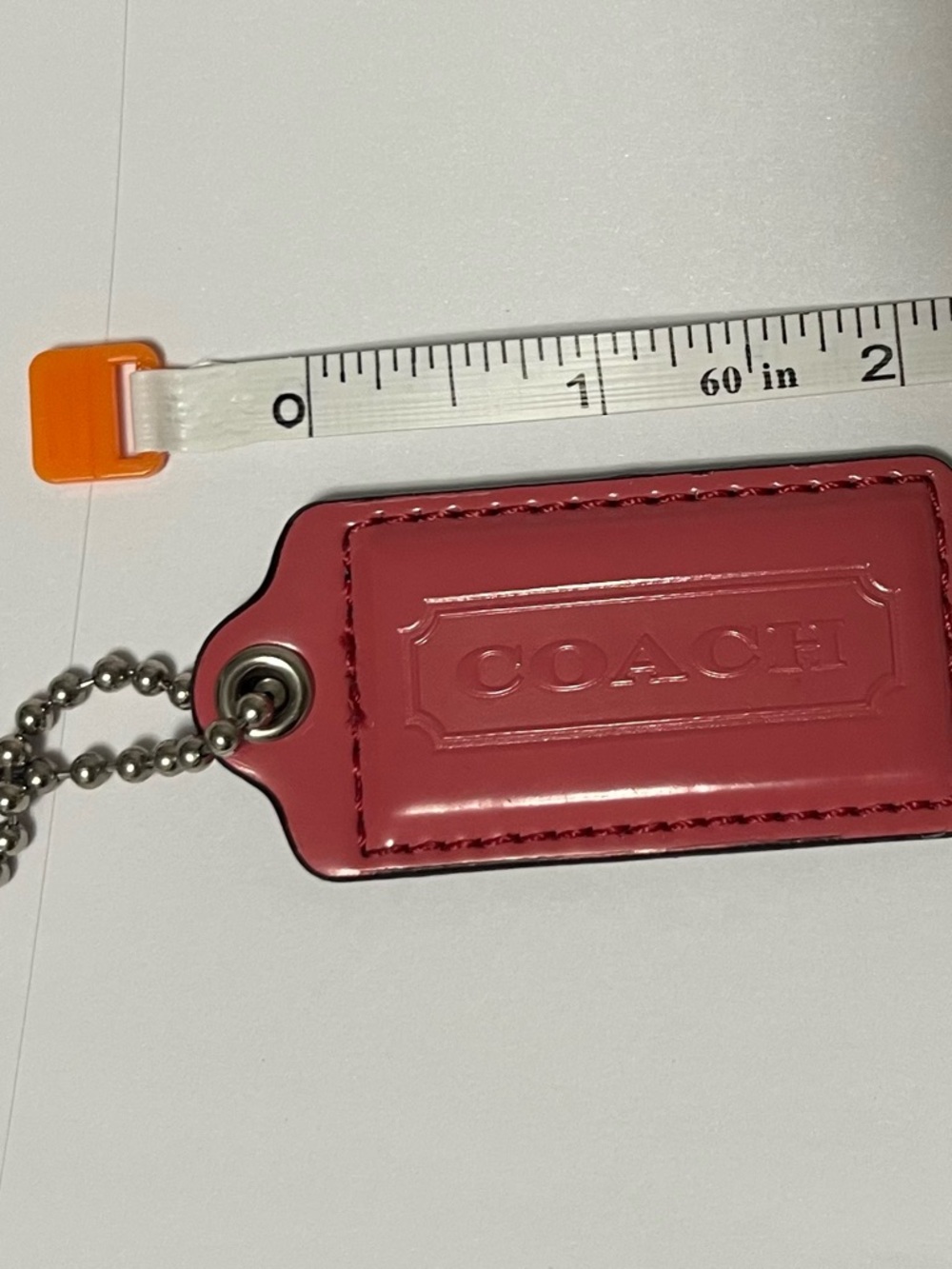 COACH Pink Leather Logo Tag Keychain with Silver Ball Chain